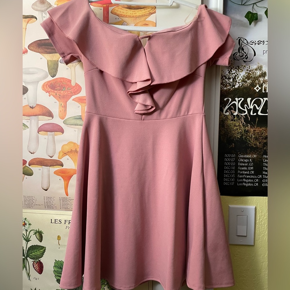Dusty Rose colored above knee, off the shoulder dress